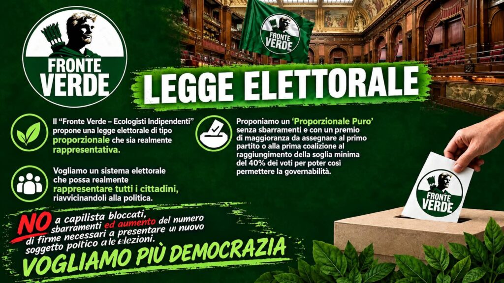 Fronte Verde boccia la legge elettorale del Governo Meloni. Galizia: «Serve un proporzionale puro, basta barriere alla partecipazione. Vogliamo più democrazia» Fronte Verde boccia la legge elettorale del Governo Meloni. Galizia: «Serve un proporzionale puro, basta barriere alla partecipazione. Vogliamo più democrazia»